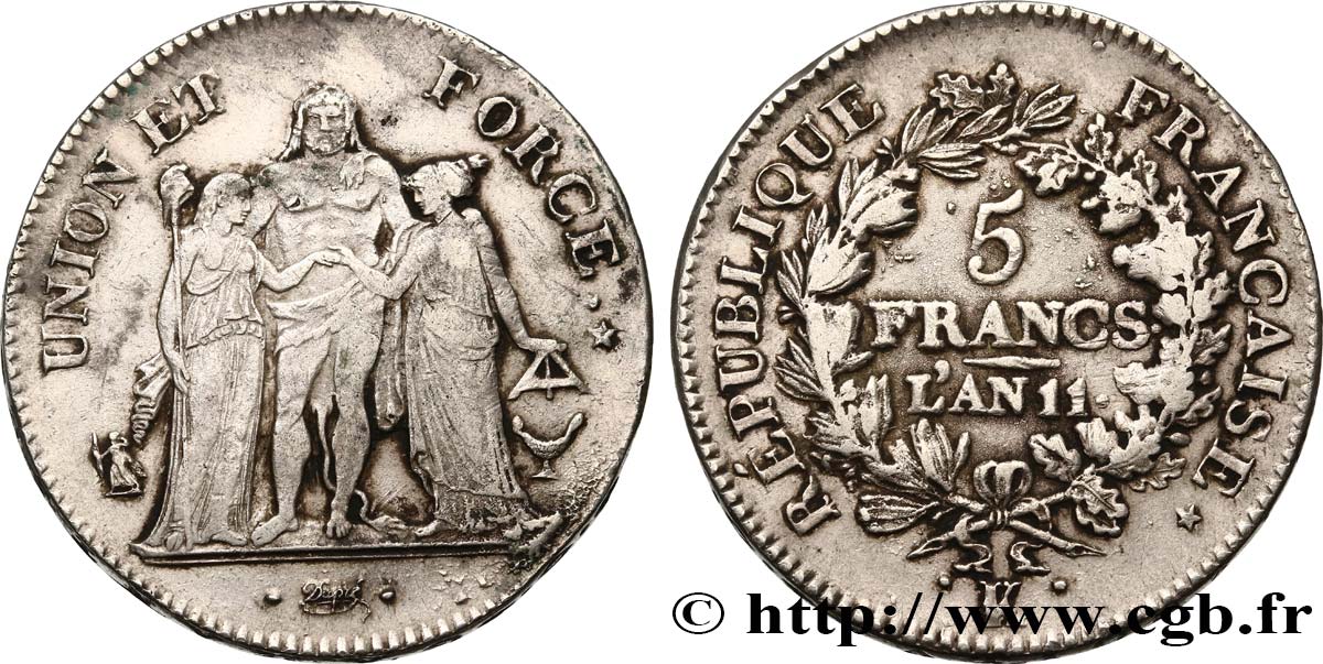 5 francs Union et Force, Union serré, seulement glands intérieurs 1803 Bordeaux F.288/193 TB35 