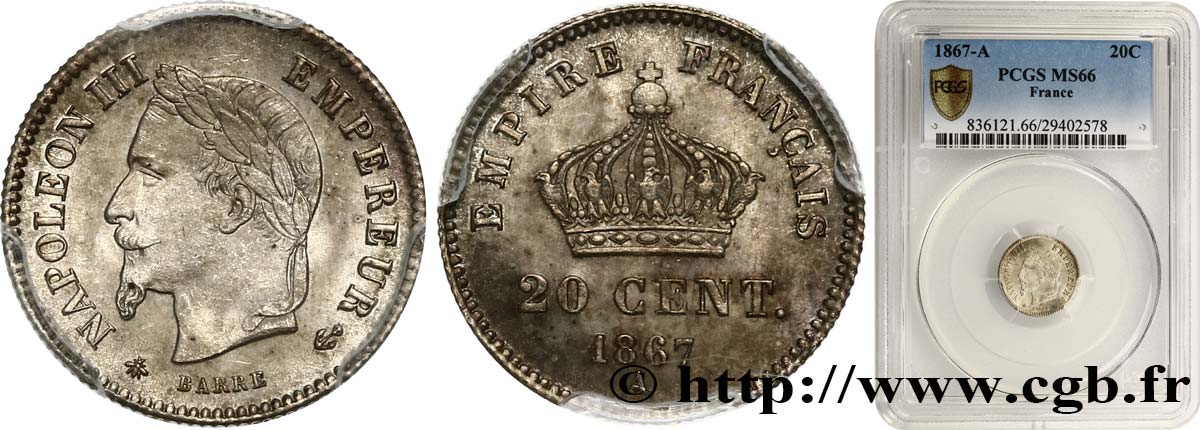 20 centimes Napoléon III, tête laurée, grand module 1867 Paris F.150/1 MS66 PCGS