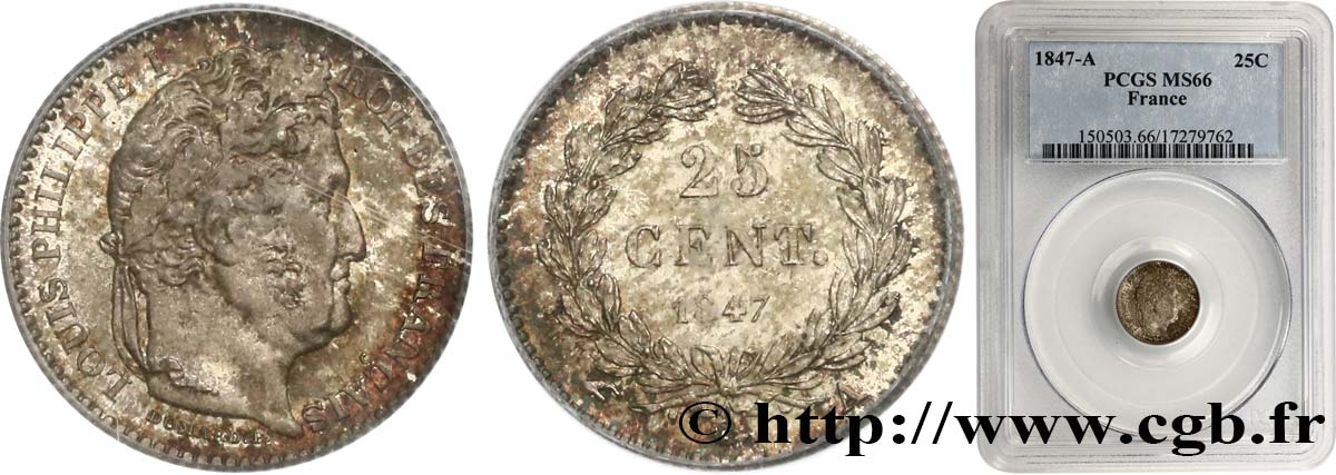 25 centimes Louis-Philippe 1847 Paris F.167/9 MS66 PCGS