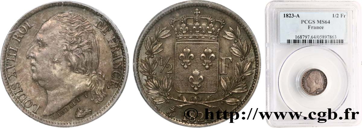 1/2 franc Louis XVIII 1823 Paris F.179/34 MS64 PCGS