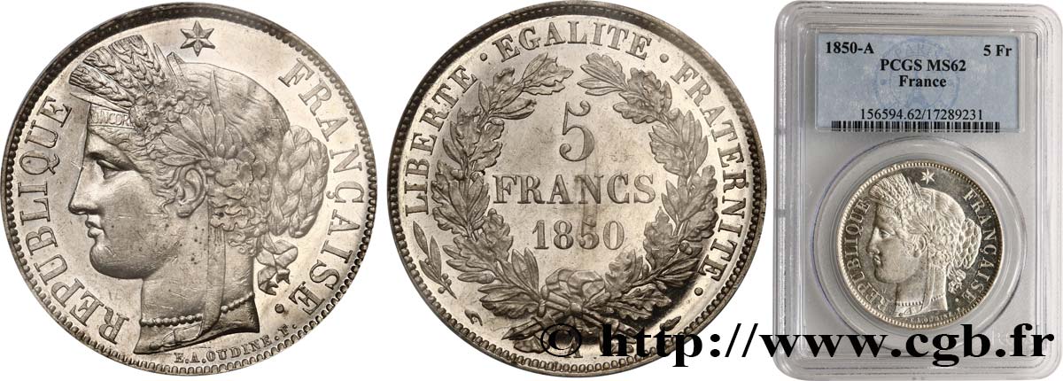 5 francs Cérès, IIe République 1850 Paris F.327/4 VZ62 PCGS