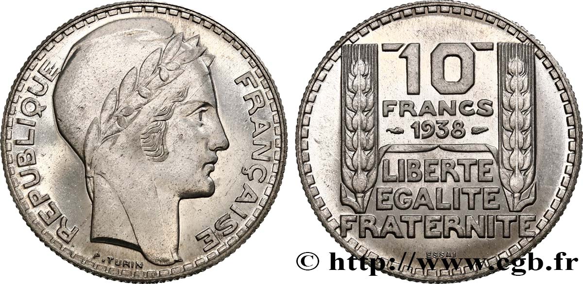 ESSAI 10 Francs Turin en aluminium, tranche striée, poids léger 1938 Paris GEM.173 4 MS64 
