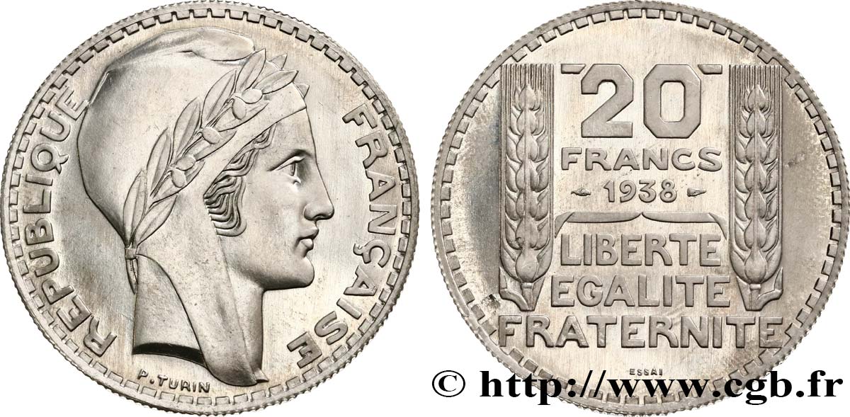 ESSAI 20 Francs Turin en aluminium, tranche striée, 4,5 g 1938 Paris GEM.200  6 fST64 