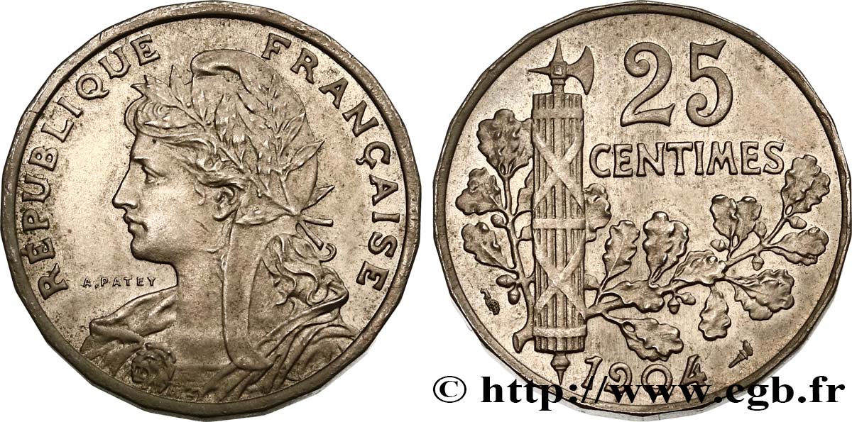Piéfort de 25 centimes Patey, 2e type à 22 pans, sans le mot ESSAI 1904  GEM.62 P1 fST63 