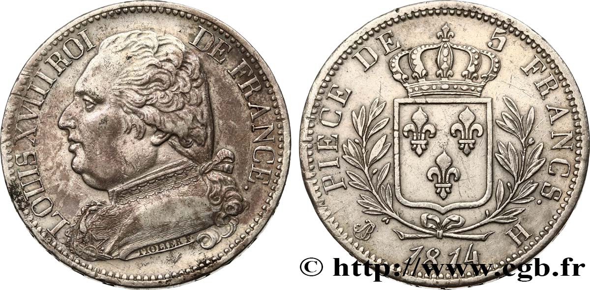 5 francs Louis XVIII, buste habillé 1814 La Rochelle F.308/5 TTB48 