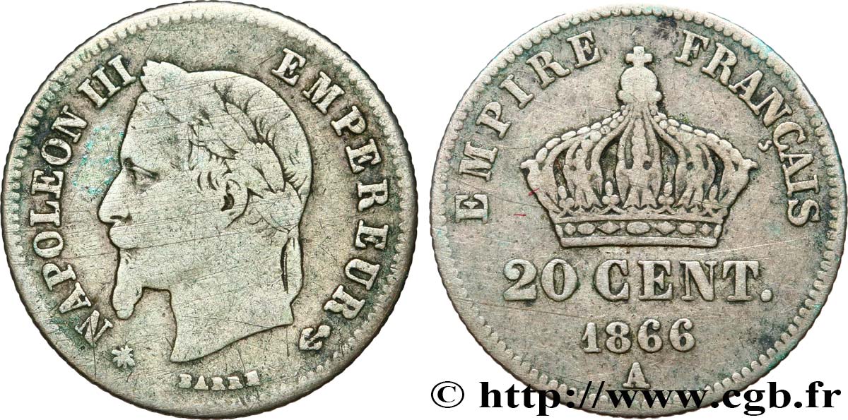 20 centimes Napoléon III, tête laurée, petit module 1866 Paris F.149/4 TB20 