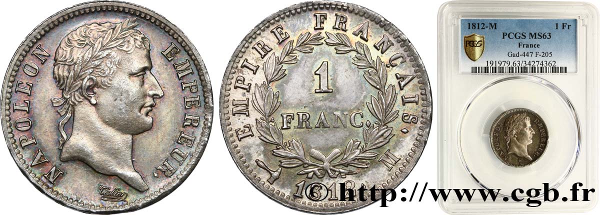 1 franc Napoléon Ier tête laurée, Empire français 1812 Toulouse F.205/50 SPL63 PCGS
