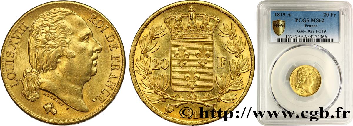 20 francs or Louis XVIII, tête nue 1819 Paris F.519/15 SUP62 PCGS