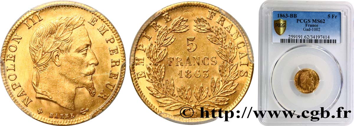 5 francs or Napoléon III, tête laurée 1863 Strasbourg F.502/4 SUP62 PCGS
