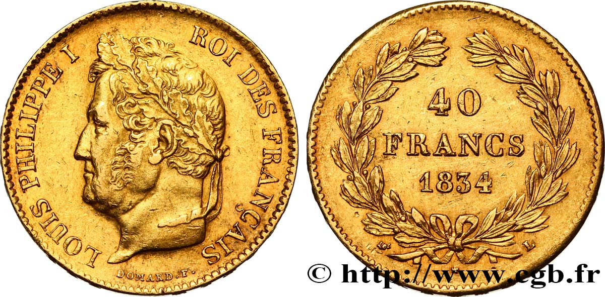 40 francs or Louis-Philippe 1834 Bayonne F.546/7 AU50 