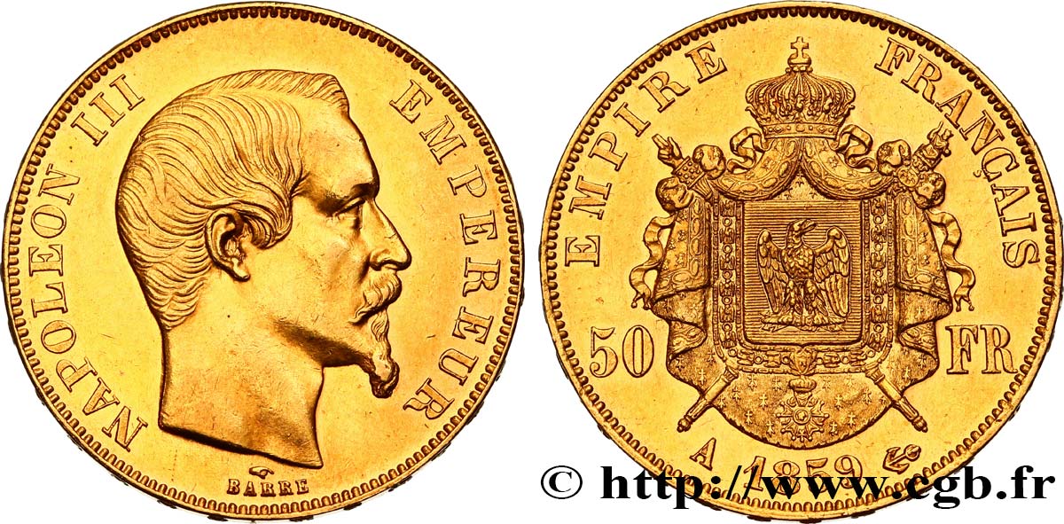 50 francs or Napoléon III, tête nue 1859 Paris F.547/7 SPL55 
