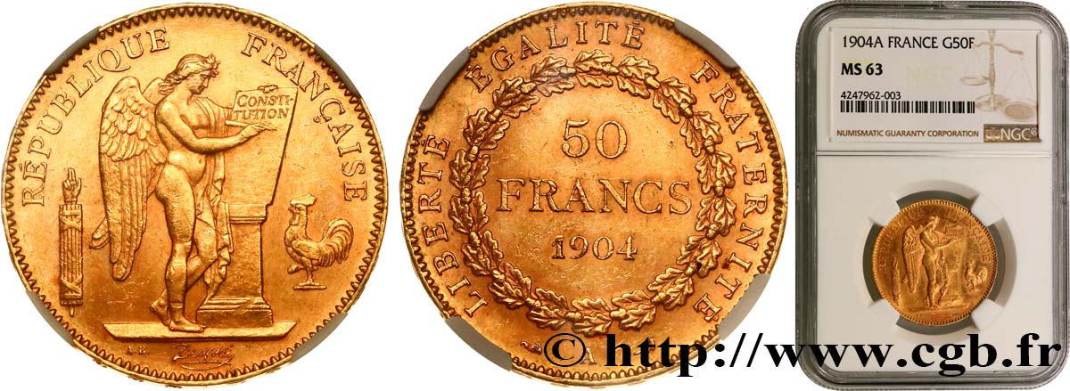 50 francs or Génie 1904 Paris F.549/6 MS63 NGC