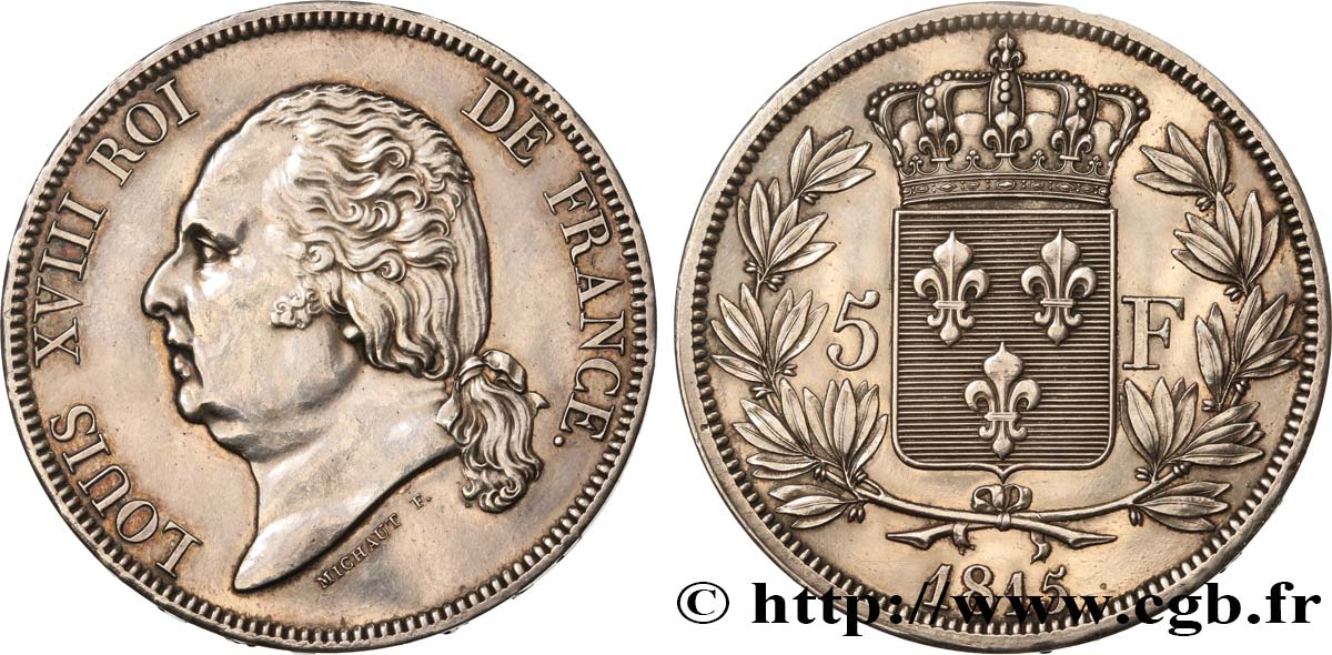 Pièce de présentation de 5 francs Louis XVIII, tête nue 1815  Maz.738 * VZ+ 