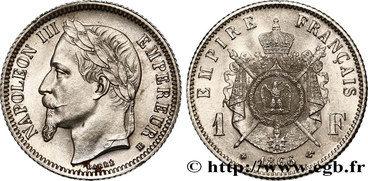 1 franc Napoléon III, tête laurée 1866 Strasbourg F.215/4 SPL 