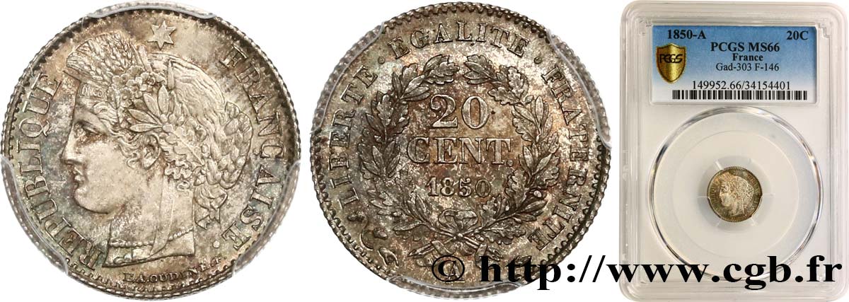 20 centimes Cérès, IIe République 1850 Paris F.146/3 MS66 PCGS