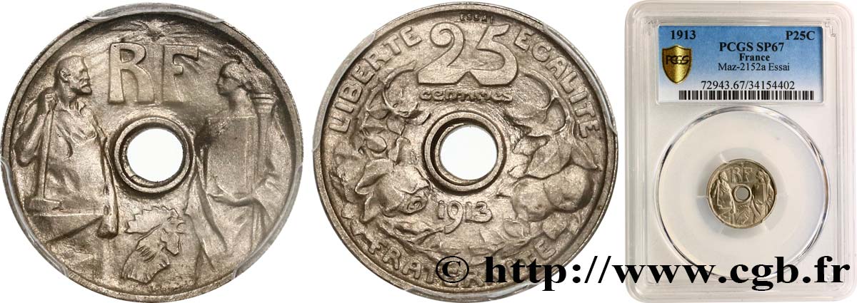 Essai de 25 centimes par Prouvé, petit module 1913 Paris GEM.74 2 MS67 PCGS