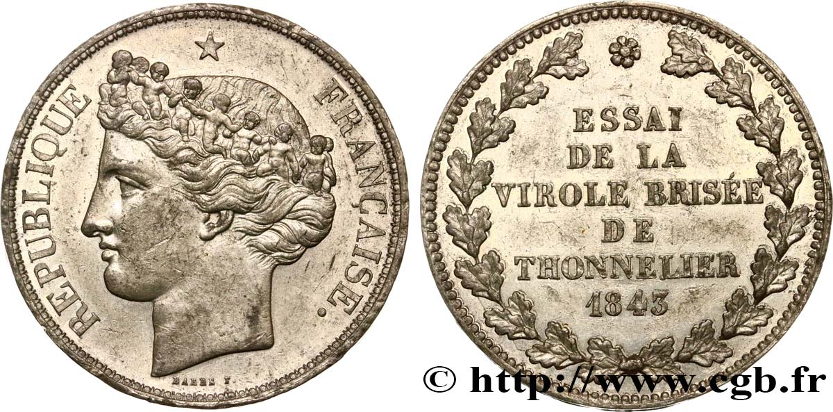 Épreuve de 5 francs par Barre, flan épais 1843 Paris VG.3098 var. VZ60 