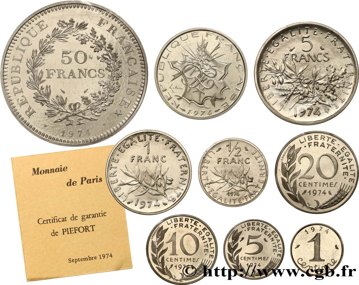Série complète des neuf piéforts en argent : 50, 10, 5, 1 et 1/2 franc et 20, 10, 5 et 1 centime 1974 Pessac F.365, 340, 226, 198, 156, 144, 125 et 106/P FDC 