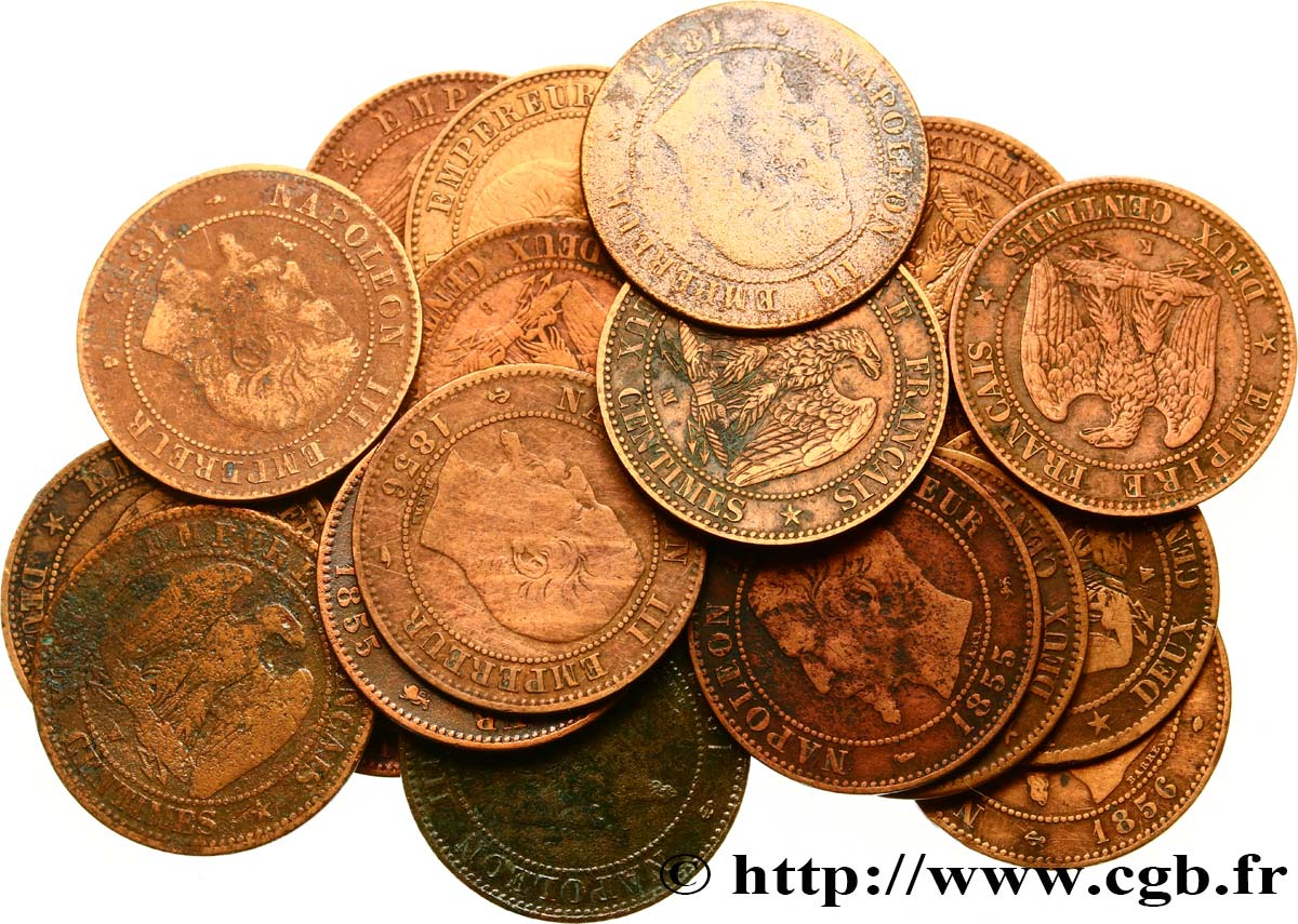 Lot de 20 pièces de Deux centimes Napoléon III, tête nue n.d. s.l. F.107/19 & 22 B/TTB 