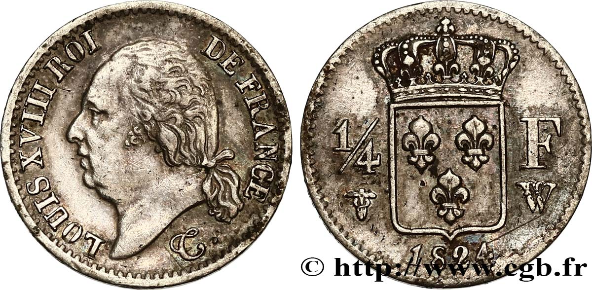 1/4 franc Louis XVIII 1824 Lille F.163/35 XF48 