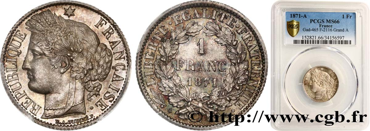 1 franc Cérès, Troisième République 1871 Paris F.216/1 ST66 PCGS