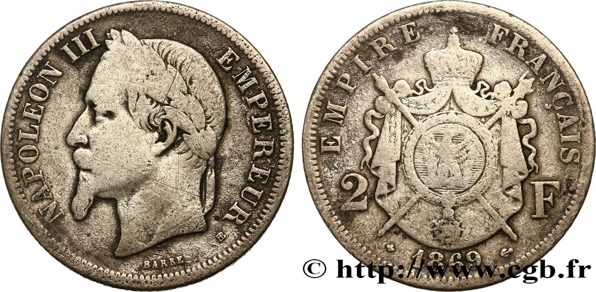 2 francs Napoléon III, tête laurée 1869 Strasbourg F.263/11 TB15