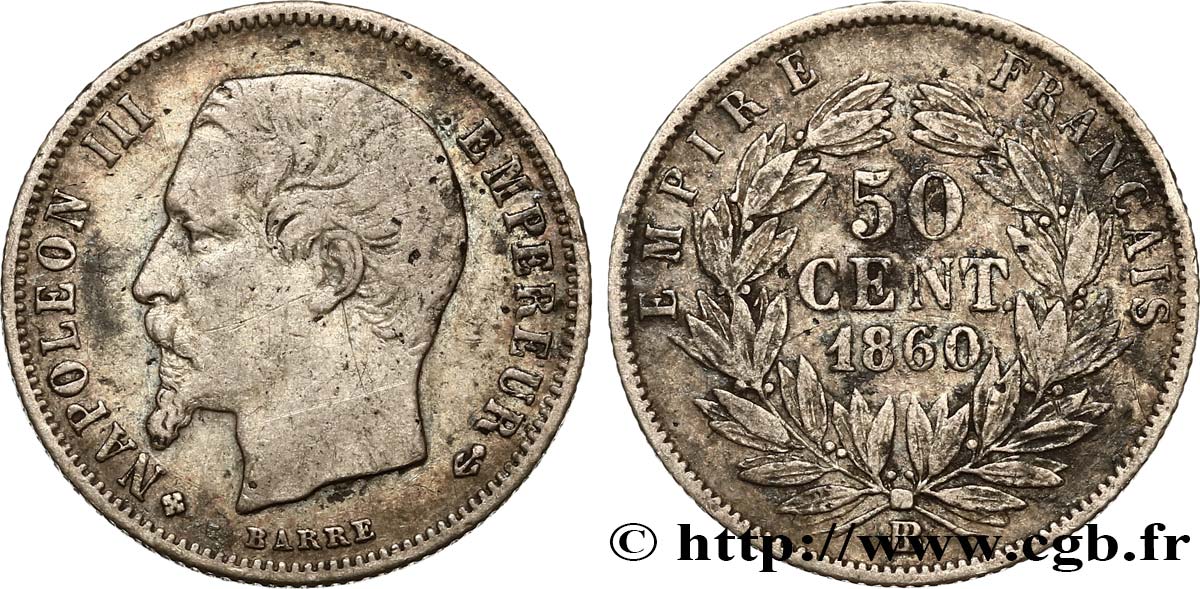50 centimes Napoléon III, tête nue 1860 Strasbourg F.187/15 XF42 