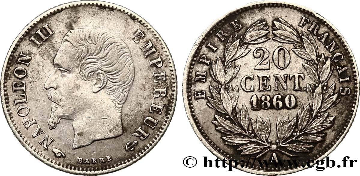 20 centimes Napoléon III, tête nue 1860 Paris F.148/14 AU50 