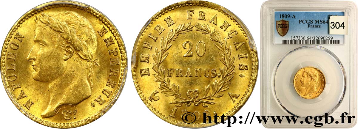20 francs or Napoléon tête laurée, Empire français 1809 Paris F.516/1 SPL64 PCGS