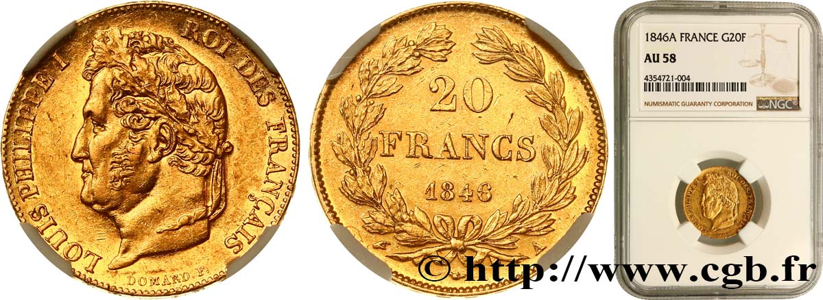 20 francs or Louis-Philippe, Domard 1846 Paris F.527/35 AU58 NGC