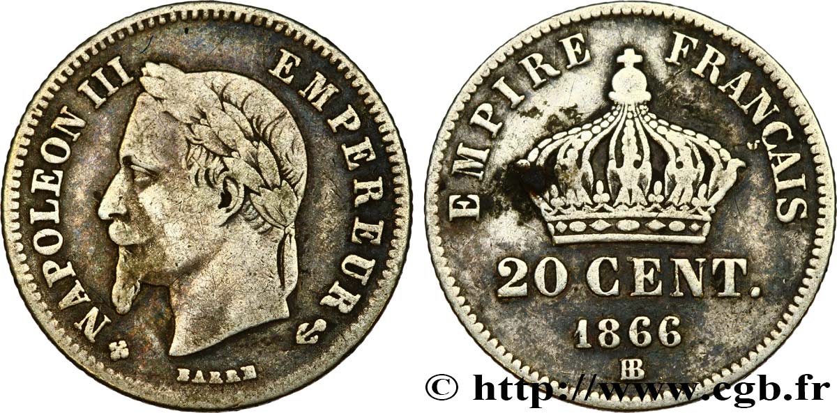 20 centimes Napoléon III, tête laurée, petit module 1866 Strasbourg F.149/5 VF25