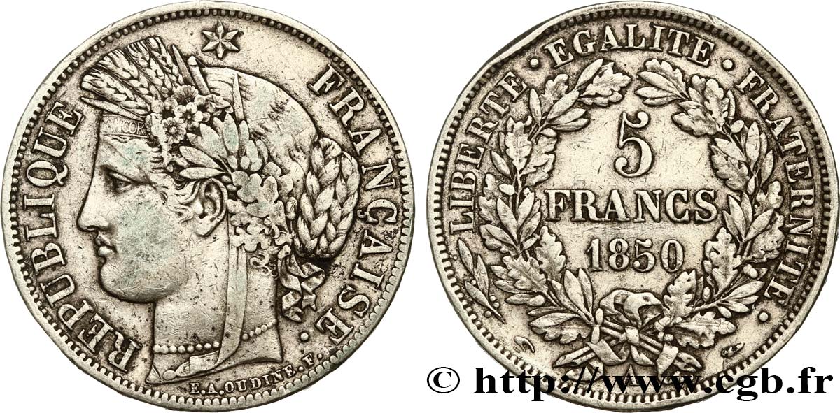 5 francs Cérès, IIe République 1850 Paris F.327/4 XF40