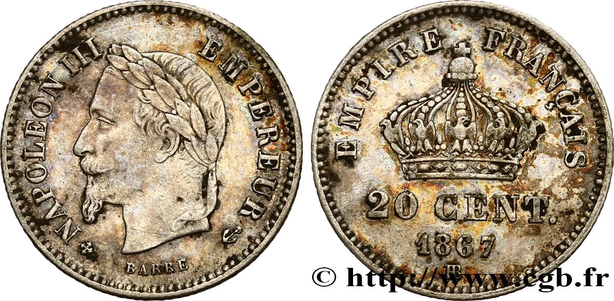 20 centimes Napoléon III, tête laurée, grand module 1867 Strasbourg F.150/2 TTB45