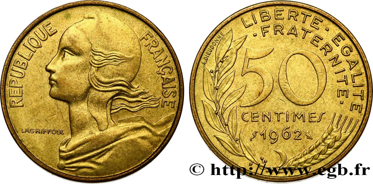 50 centimes Marianne, col à trois plis 1962 Paris F.197/2 AU55
