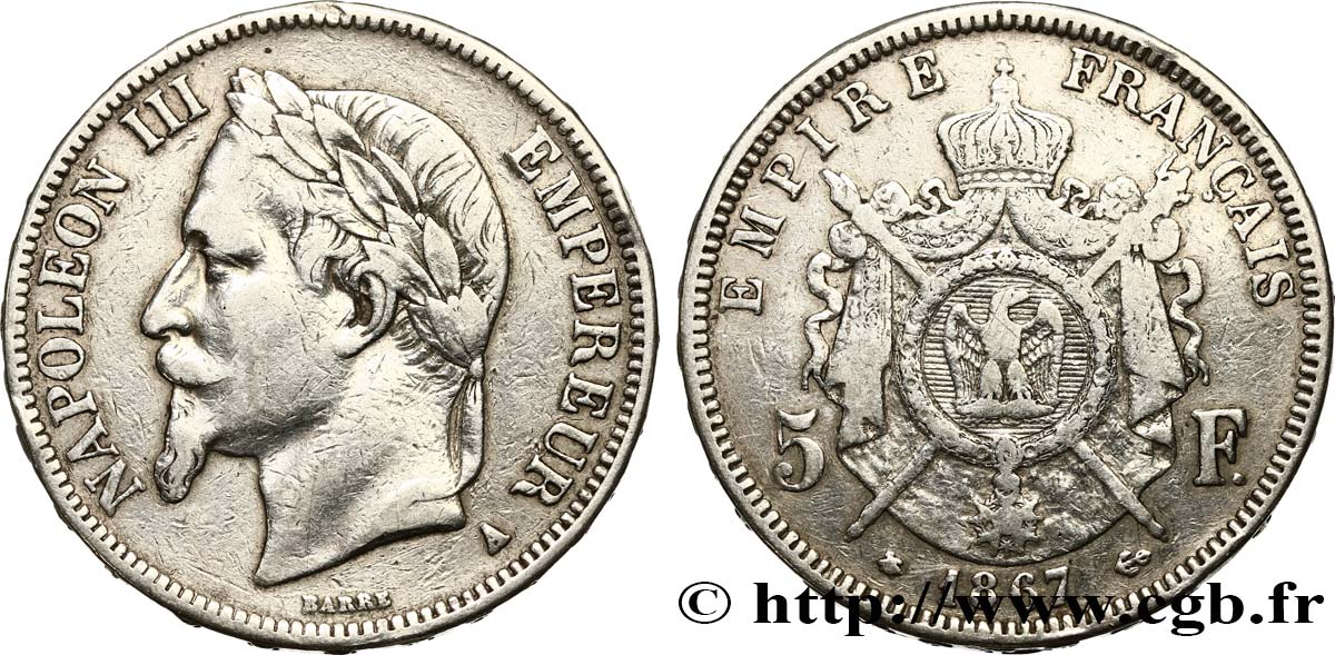 5 francs Napoléon III, tête laurée 1867 Paris F.331/10 TB