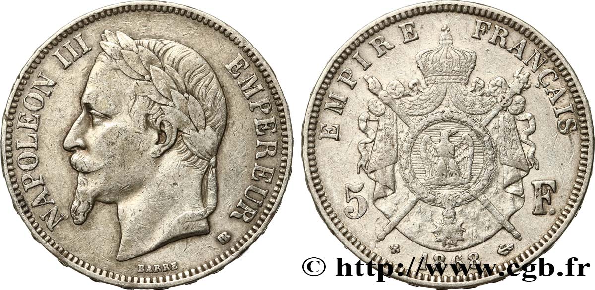 5 francs Napoléon III, tête laurée 1868 Strasbourg F.331/13 TB35
