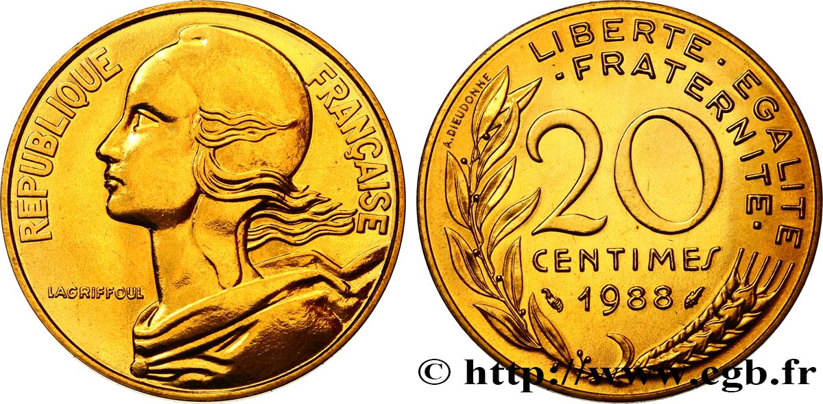 20 centimes Marianne, Brillant Universel 1988 Pessac F.156/28 MS