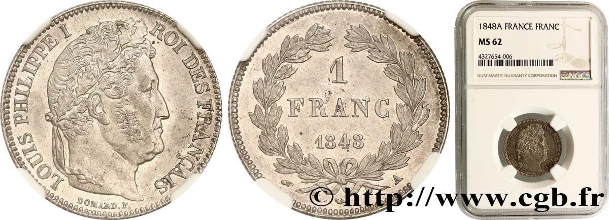 1 franc Louis-Philippe, couronne de chêne 1848 Paris F.210/113 MS62 NGC