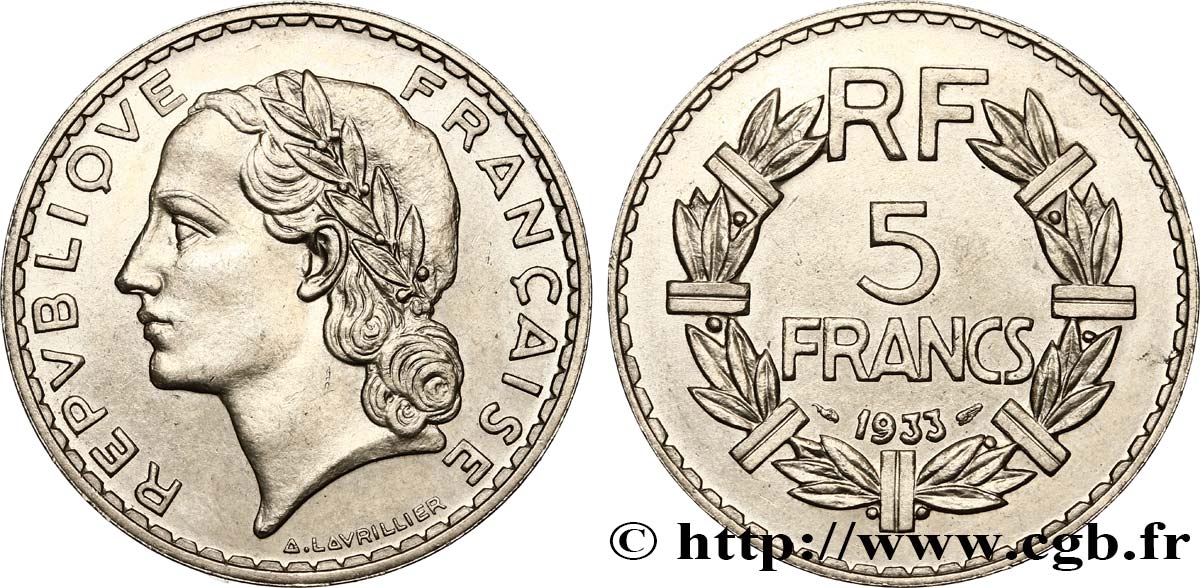 5 francs Lavrillier, nickel 1933  F.336/2 SUP60