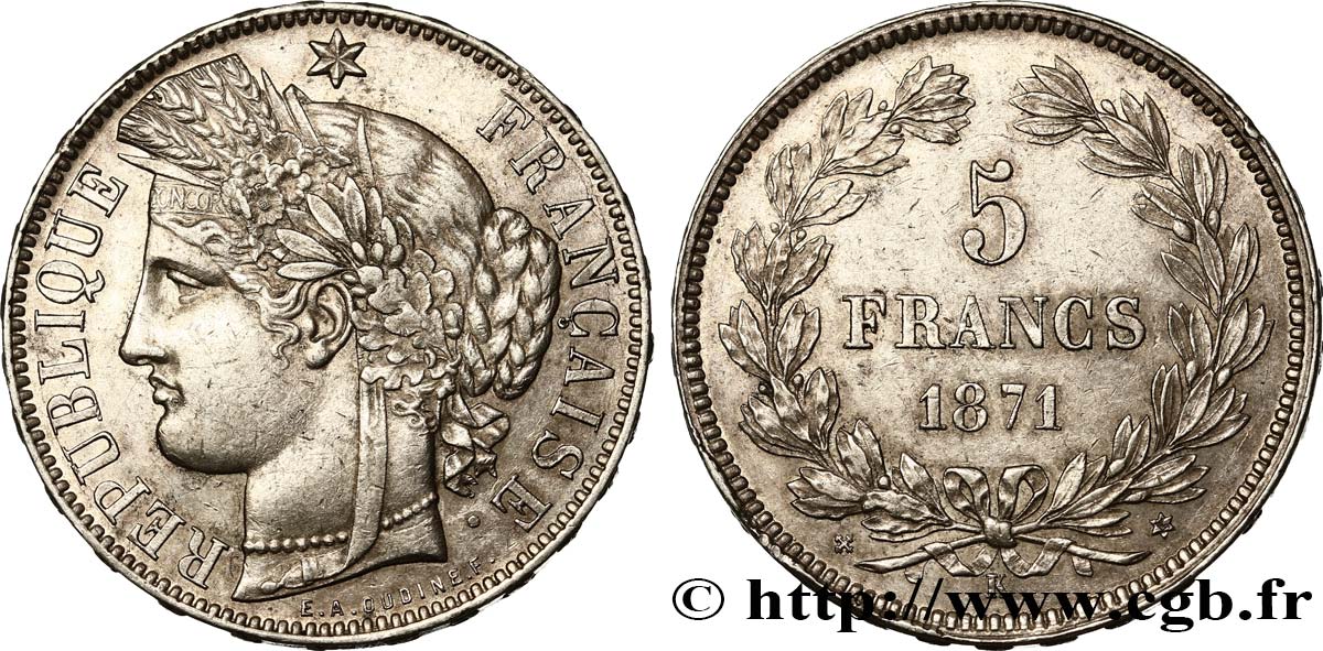 5 francs Cérès, sans légende 1871 Bordeaux F.332/8 TTB53 