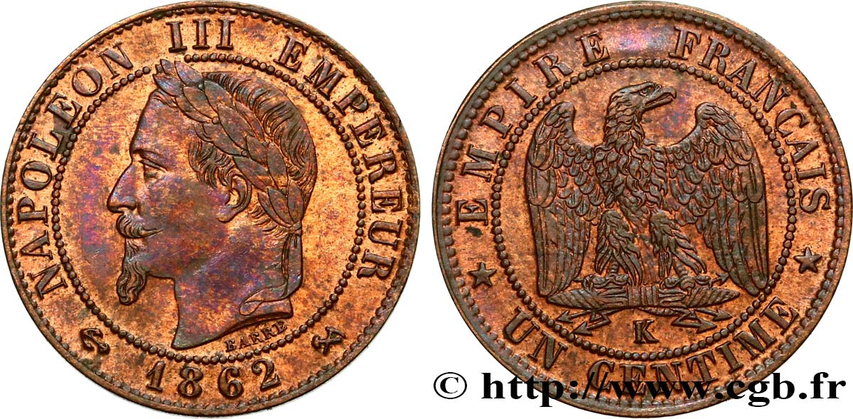 Un centime Napoléon III, tête laurée 1862 Bordeaux F.103/7 SUP58