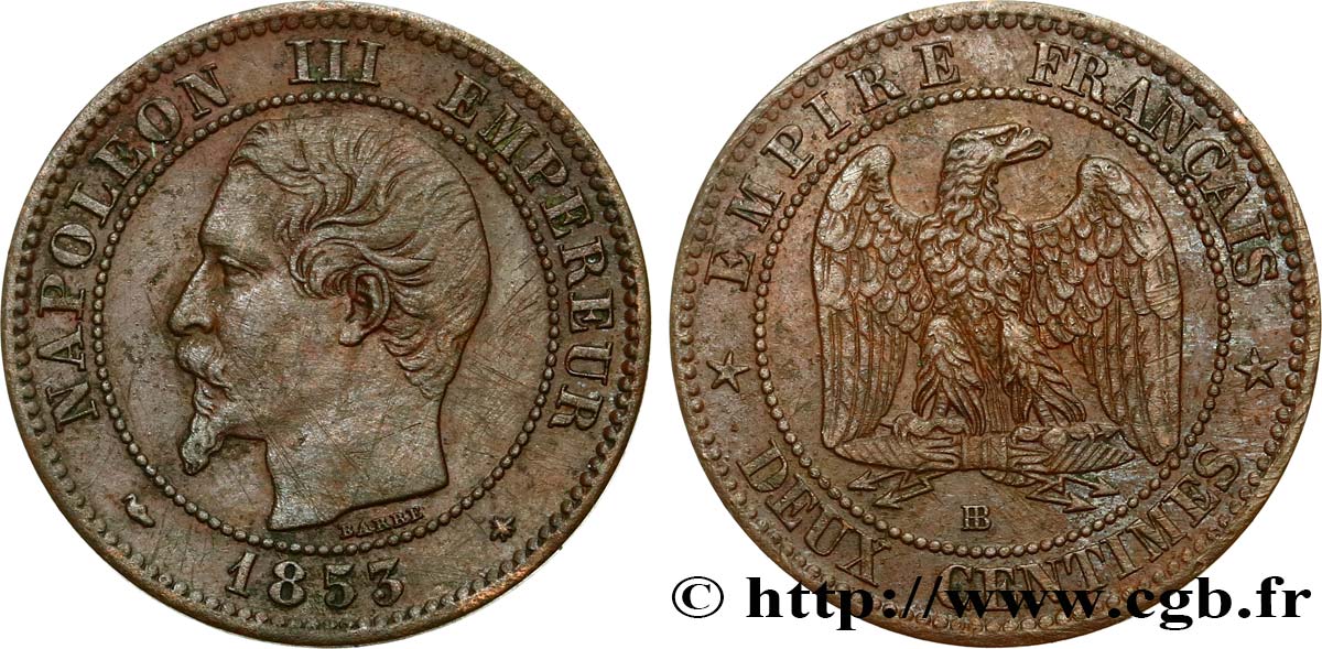 Deux centimes Napoléon III, tête nue 1853 Strasbourg F.107/3 TTB45