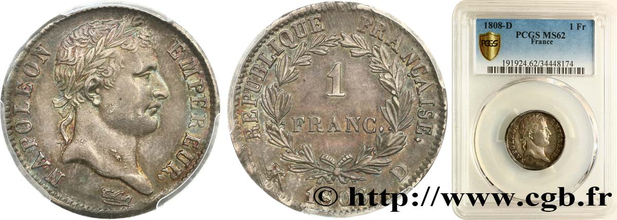 1 franc Napoléon Ier tête laurée, République française 1808 Lyon F.204/5 MS62 PCGS