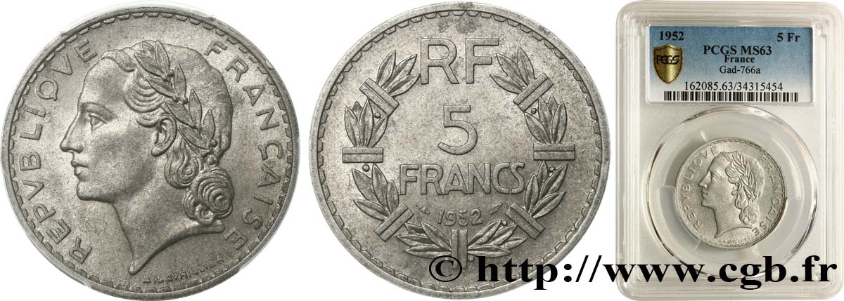 5 francs Lavrillier, aluminium 1952  F.339/22 fST63 PCGS