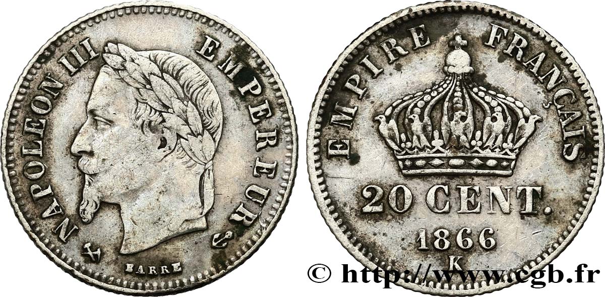 20 centimes III Napoléon tête laurée, petit module 1866 Bordeaux F.149/6 S30