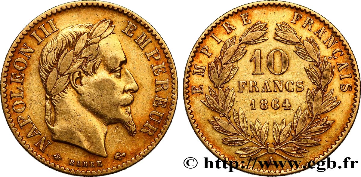 10 francs or Napoléon III, tête laurée 1864 Paris F.507A/6 VF 
