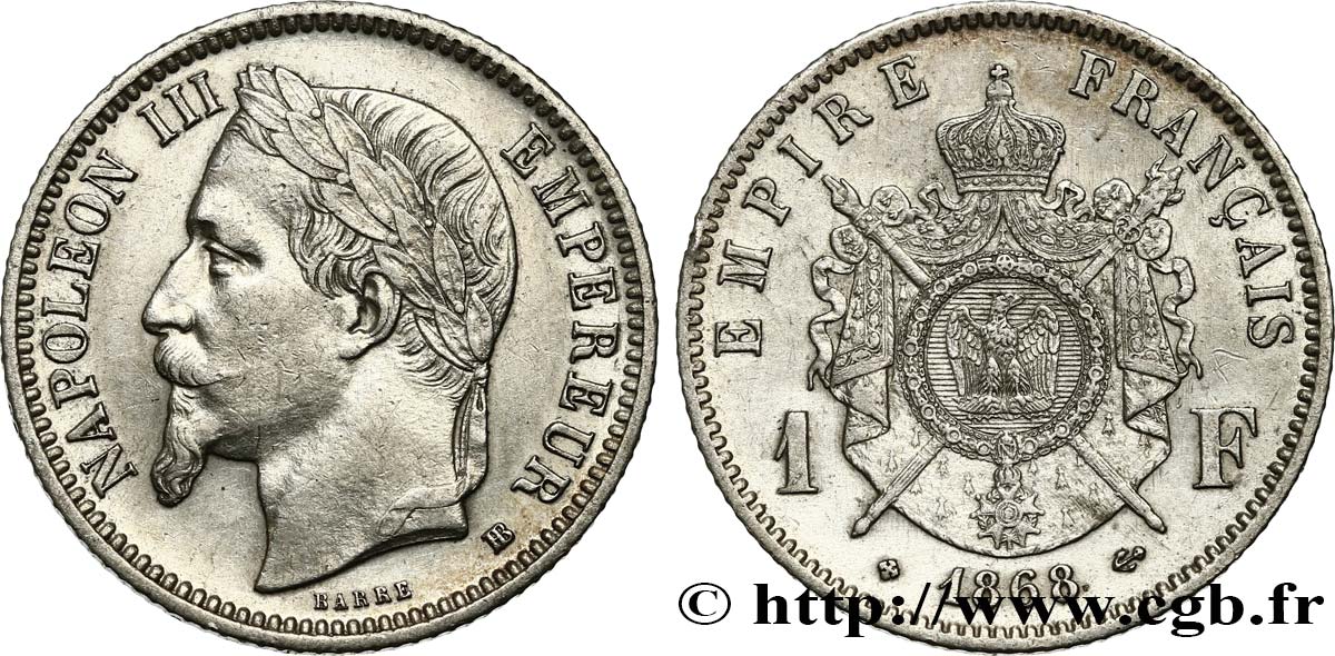 1 franc Napoléon III, tête laurée 1868 Strasbourg F.215/11 AU52 