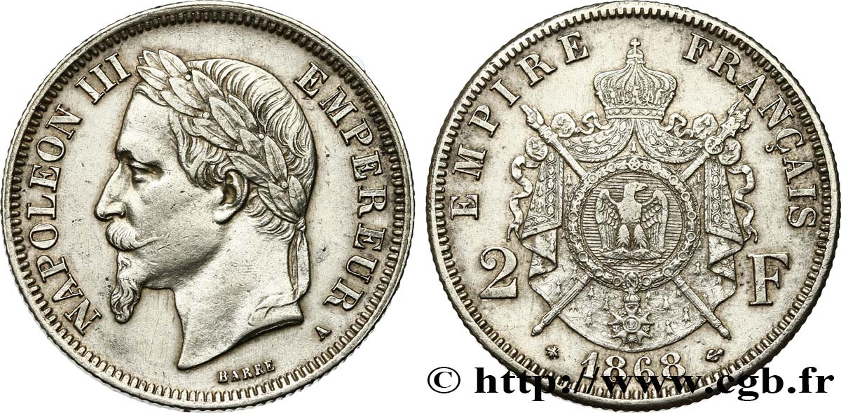2 francs Napoléon III, tête laurée 1868 Paris F.263/8 AU50 