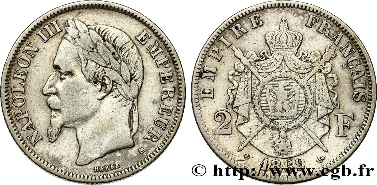 2 francs Napoléon III, tête laurée 1869 Strasbourg F.263/11 VF35 