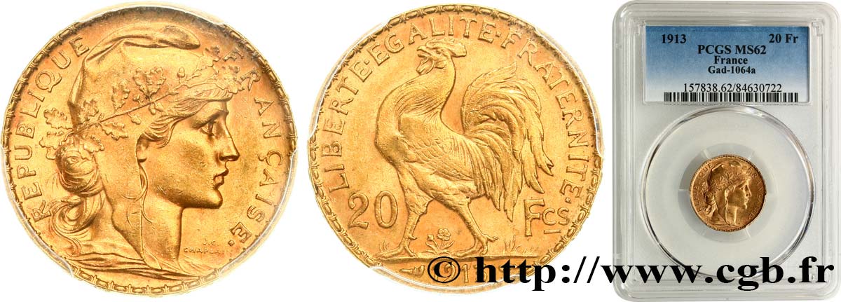 20 francs or Coq, Liberté Égalité Fraternité 1913 Paris F.535/7 MS62 PCGS